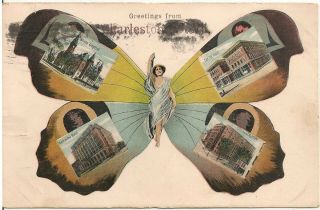 Greetings From Charleston Wv Multiview Postcard 1908 Butterfly