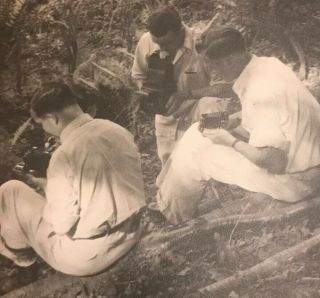 Vintage Photo Snapshot Cameras - Men Sitting In Field Jungle W/ Cameras 1938
