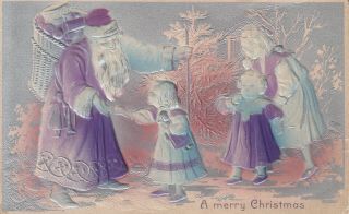 Vintage Christmas Postcard - A Merry Christmas,  Children Welcoming Santa Claus