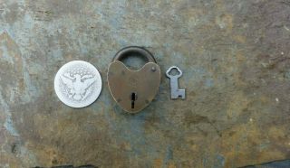 Antique Sargent & Co Heart Shaped Brass Steel Miniature Padlock & Orig Key