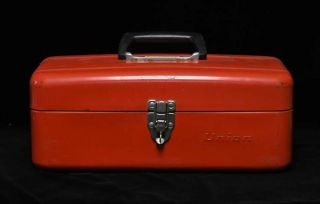Vintage Union Industrial Red Metal Tool Tackle Box With Metal Tray Home Decor