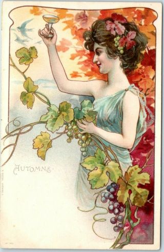 Vintage French Art Nouveau Postcard " Automne " Pretty Lady / Wine C1900s