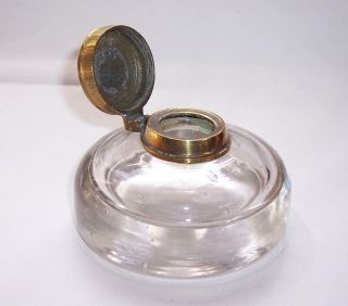 Antique Round Victorian Desktop Glass Inkwell Hand Blown With Brass Top Heavy