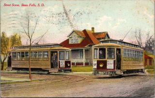 1910 Hand Colored Street Scene Trolly Cars Sioux Falls S.  D.  Post Card Pc13