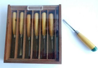 Vintage Set MILLERS FALLS Wood Carving Chisel Tools & Wood Box 106C - 107C 7 USA 4
