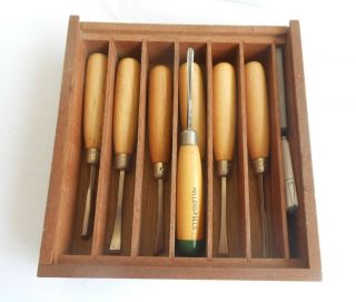 Vintage Set MILLERS FALLS Wood Carving Chisel Tools & Wood Box 106C - 107C 7 USA 6