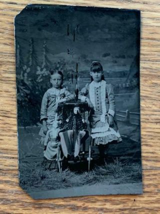 Antique Tintype Photo 1800s 2 Pretty Little Girls With Doll