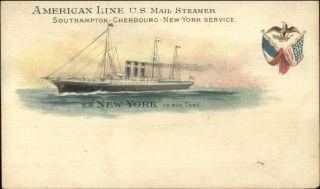 American Line Steamship Us Mail Steamer Ss York Eagle & Flag Insignia Pc