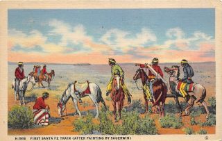 Indians Watching First Santa Fe Railroad Train 1953 Postcard By Fred Harvey