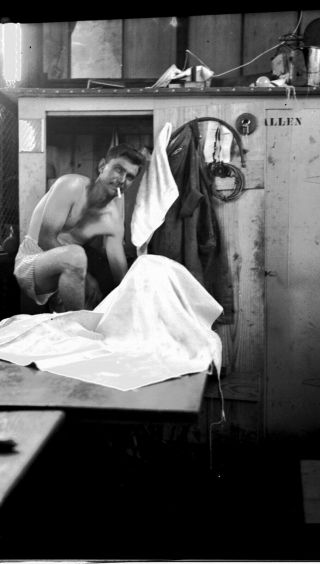 1940 Gay Interest Man Changing At Work Fun Amateur Photo Negative B5