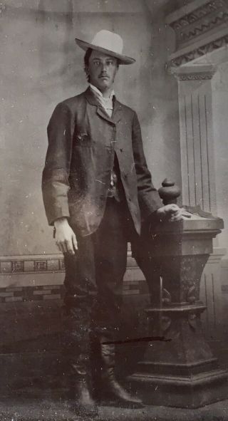 Antique American Young Men Mustache Hat Boots Dashingly Stands Tintype Photo