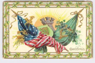 Ppc Postcard Patriotic American Flag Irish Flag Greetings Shamrocks Gold Embosse