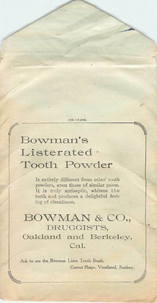 Bowman And Co Listerated Tooth Powder Drugs Oakland Berkeley Ca Envelope 1910s