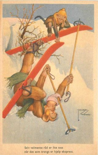 1950s Artist Lawson Woods Monkey Ski Accident Comic Humor Postcard