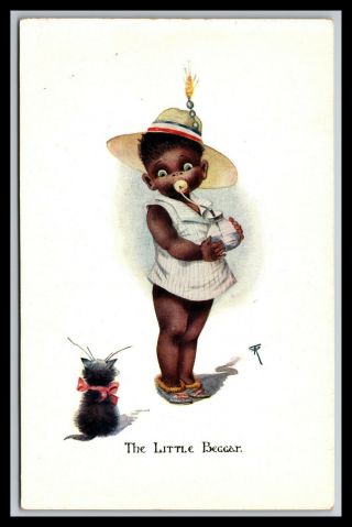 Black American Little Girl Sucking Bottle W/ Cat Artist Signed Postcard