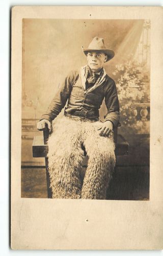 American Studio W Cowboy Man Wolly Chaps Rppc Photo Booth Postcard