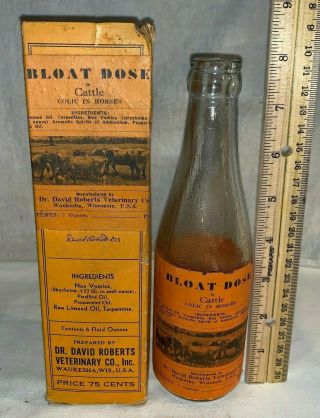 Antique Dr David Roberts Bloat Dose Veterinary Medicine Bottle Box Waukesha Wi