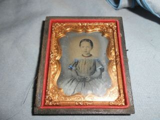 Very Elaborate Gold Frame With Tintype Of Girl Child In Sunday Best Half Case
