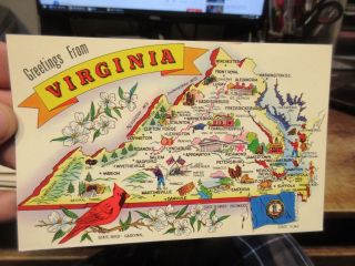Virginia Old Postcard Virginia Greetings From Cartoon State Map Bird Flag Cities