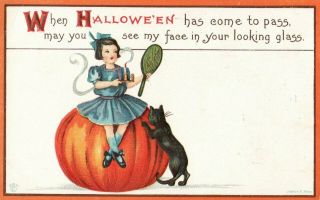 Vintage Postcard Halloween Girl Sits 0n Top Of J O L - Candle - Black Cat