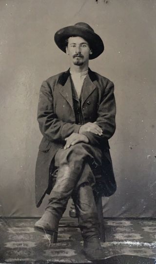 Antique American Dashing Young Man Seated Mustache Hat Boots Tintype Photo