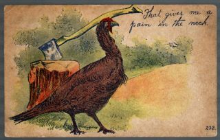Vintage Comic Thanksgiving Postcard Turkey W/ Axe