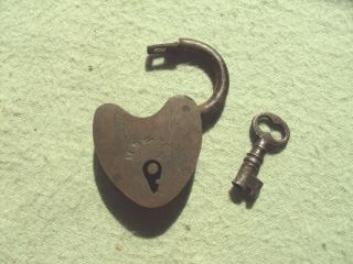 Vintage 1800s Antique M.  W.  & Co Heart Shaped Pad Lock With Skeleton Key