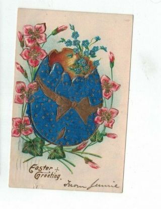 Antique Easter Embossed Post Card Egg Blue Foil Gold Foil Flowers Leaves