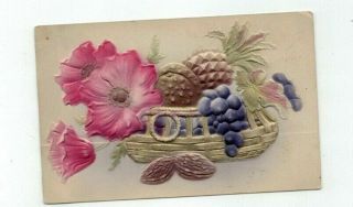 Antique Langsdorf Embossed Post Card Still Life Flowers Gold Foil Basket