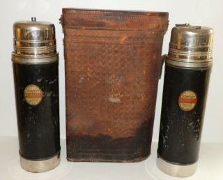 2 Vintage 1913 Stanley Thermos Ferrostat Vacuum Bottles W/ Case Black Blue Glass