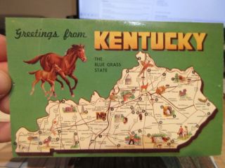 Vintage Old Postcard Kentucky Cartoon State Map Blue Grass Horses Landmarks Road