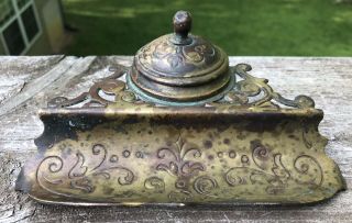 Vintage Inkwell - Brass Ornate - With Pen Holder & Hinged Lid