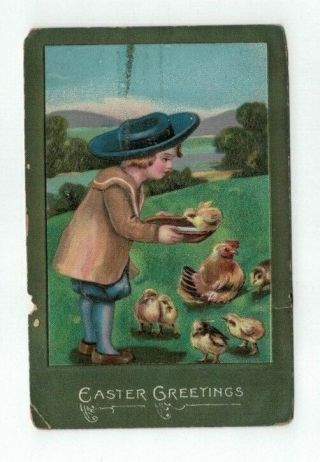 Antique Easter Embossed Post Card Little Lad With Bowl Of Milk & Chicks