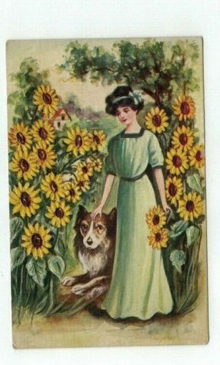 Antique Pretty Lady Post Card Lovely Girl In Green Dress With Sunflowers & Dog