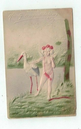 Antique 1908 Embossed Post Card Congratulations Post Card Winged Cupid & Stork