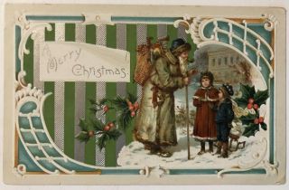 Long Green Robe Santa Claus With Children Holly Antique Christmas Postcard - C649