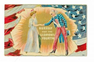 Vintage Postcard 4th Of July; Flag With Uncle Sam And Woman In Center Of It