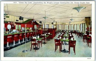 Grand Coulee Dam,  Wa Postcard Green Hut CafÉ Restaurant Interior Linen C1940s