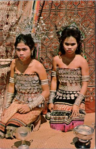 Two Dayak Maidens Girls Sarawak Borneo Malaysia Vintage Postcard E25