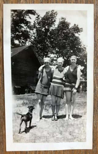 Vintage 1920s Snapshot Photo Flapper Girls In Bathing Suits W/ Dog By Cabin