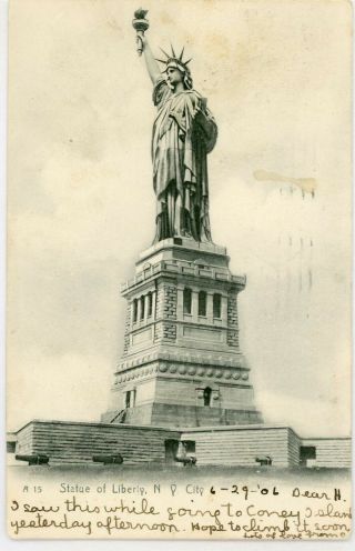 York City Ny " Statue Of Liberty " Undivided Back Postcard 1906 Cancel