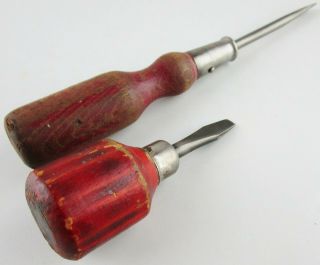 Vintage Wood Handle Screwdriver Pair Stanley & Unknown Stubby Flathead Tools