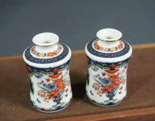 Pair Antique Chinese Ink Bottles Inkwell Pot Porcelain Hand - Painted Floral Motif