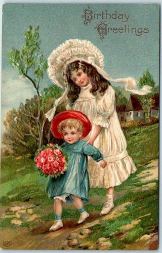 Vintage Birthday Greetings Postcard Little Girl / Pink Rose Bouquet 1911 Cancel