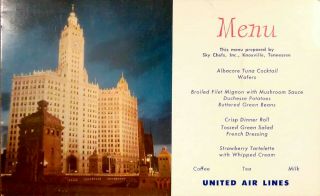 Vintage Aviation Postcard - United Airlines Flight Menu Skychefs Knoxville