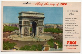 Vintage Linen Postcard Twa Airlines Paris France Arc De Triomphe Advertising
