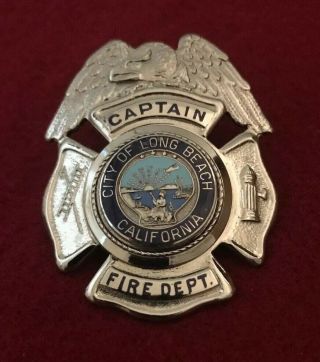 Obsolete City Of Long Beach Fire Department Captain Hat Badge California Ca