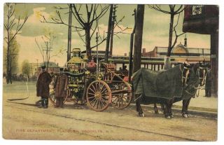 Antique 1910 Fire Department Horse Drawn Fire Wagon Flatbush Brooklyn N.  Y.  Pc