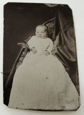 Tintype Photo Cute Little Baby Sitting On Lap Of Hidden Mother Covered By Sheet