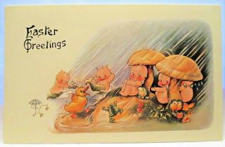 1997 Postcard Easter Greetings Kewpie Babies Under Mushrooms In The Rain,  Frog